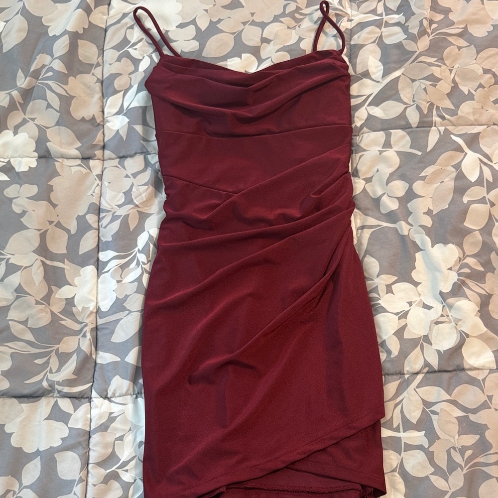 Windsor Burgundy Cowl Neck Spaghetti Strap Mini Dress
